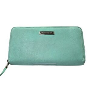 Tiffany & Co.‎ Zip Around Wallet Leather Continental Teal Blue Green